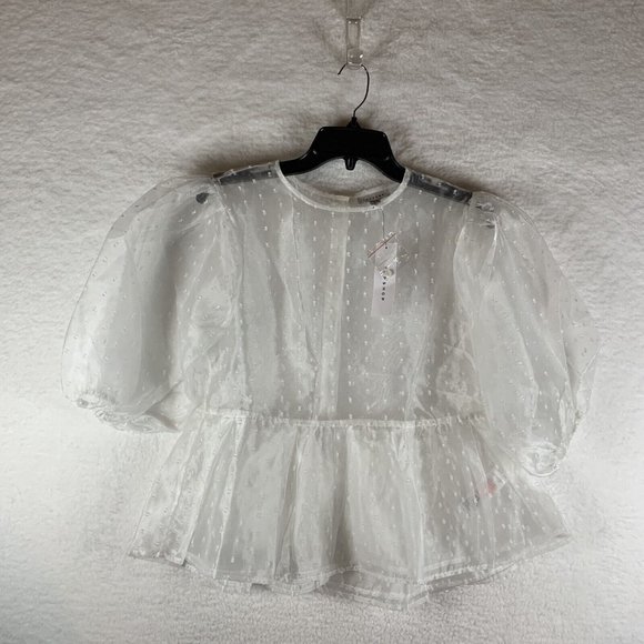 Topshop Sheer Blouse Womens 8 White Crewneck Short Sleeve Textured Pleated‎ 6370 - Picture 1 of 7